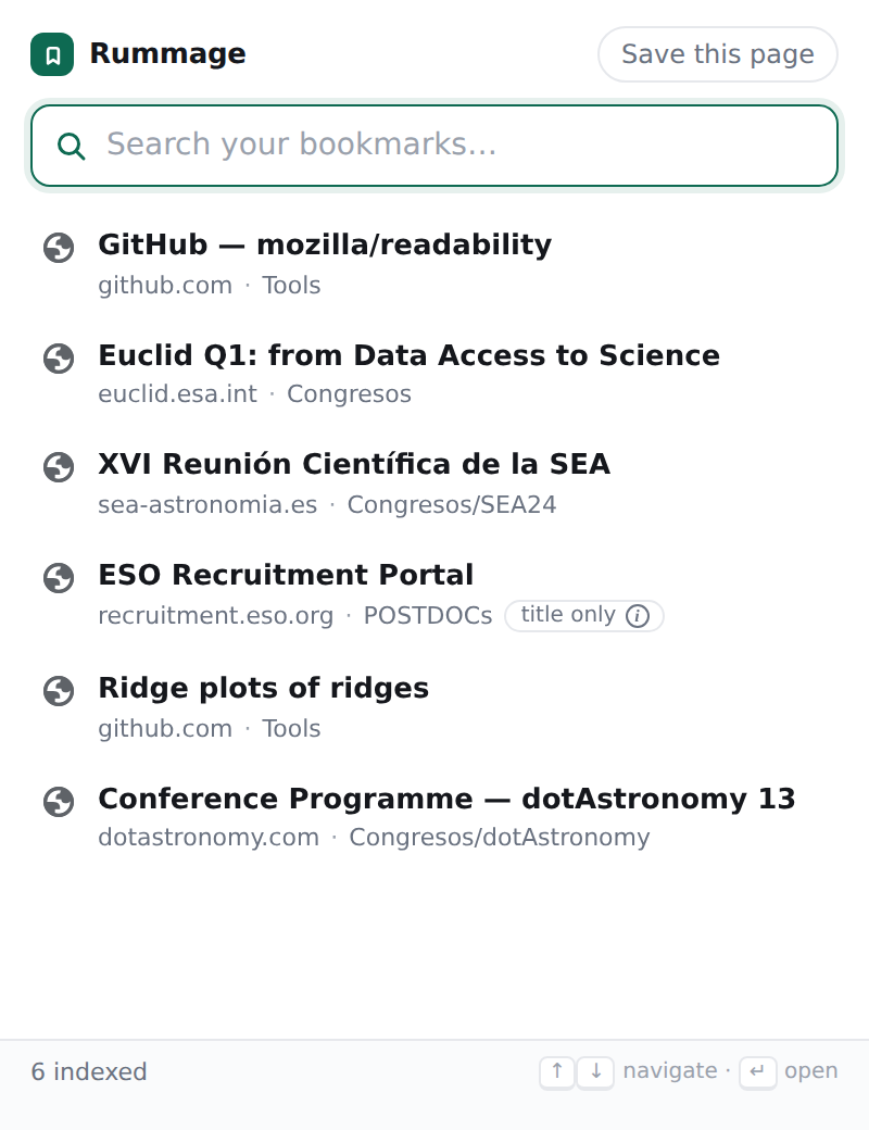 The Rummage popup listing indexed bookmarks